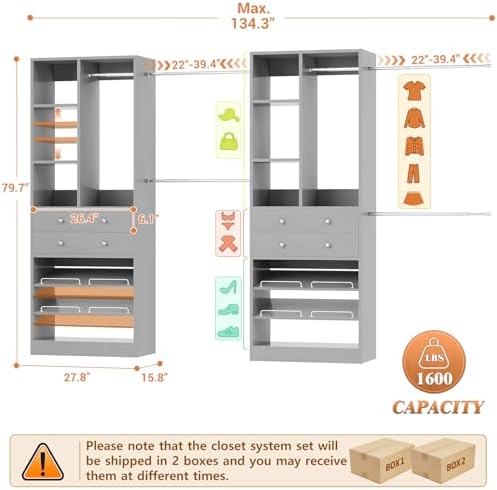 Besiost Closet System, Up to 134"/11.2 FT Closet Organizer with 4 Wooden Drawers and Shelves, Walk-in Closet System with 6 Hanging Rods, Built-in Closet Can Fit 96"/8FT, 120"/10FT, Morandi Grey Set 2 - Image 3