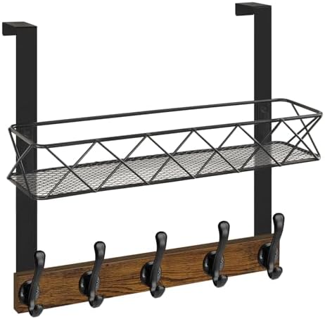 YINMIT Over The Door Hooks Organizer, Over The Door Hanger with Basket, Over The Door Towel Rack with 5 Metal Hooks, Over Door Hanger for Bathroom, Bedroom, Kitchen by YINMIT