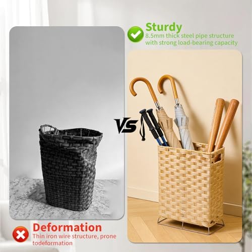 Rattan Umbrella Stand with Built-in Water Reservoir & Hooks, Hand Woven Umbrella Rack Organizer Freestanding - Stable, High-Capacity Organizer for Home and Office - 11.8" L x 5.5" W x 16.5" H - Image 7