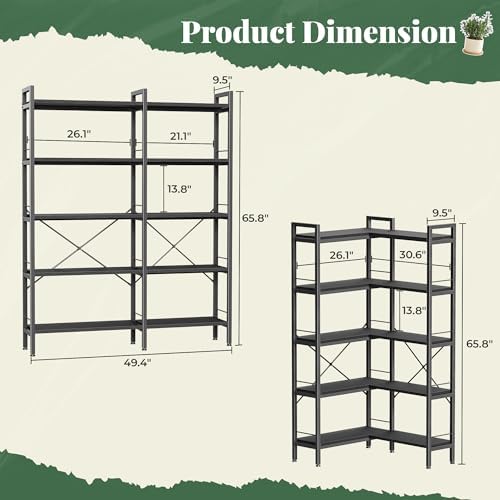 Huuger 5 Tier Bookshelf, L Shaped Corner Bookshelf with 10 Open Shelves, 49.4 Inch Straight Wide Bookcase with Metal Frame and Wooden Board, Adjustable Feet, Black - Image 2