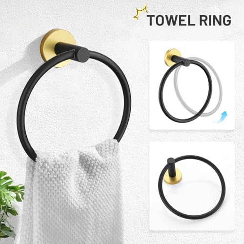 TURS Black and Gold 5 Piece Bathroom Hardware Set, SUS304 Stainless Steel Gold Black Towel Bar Set, 24 Inch Rould Bathroom Accessories Kit Wall Mounted - Image 3