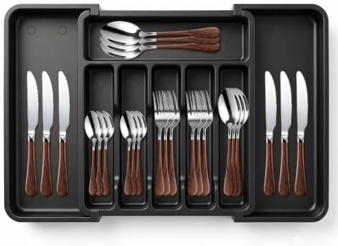 Orange Silverware Set with Expandable Drawer Organizer for 6-24 Piece Stainless Steel Flatware Set with Spoons, Forks, Knives, Heavy Duty Mirror Polished for Home/Kitchen/Restaurant (Woodgrain) by ASellerSpecializinginLife