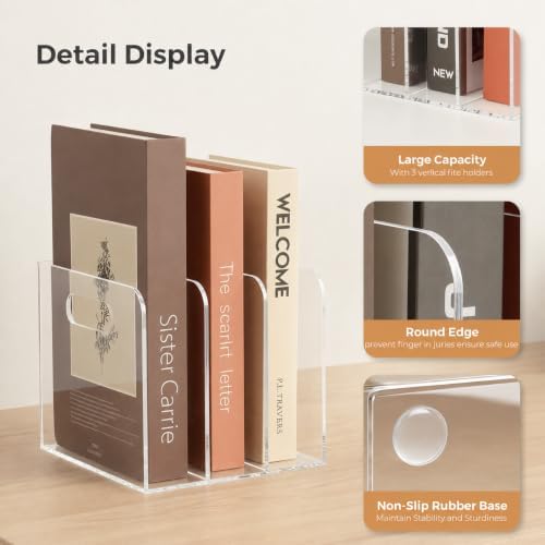 Clear Acrylic Magazine File Holder, 3 Vertical Compartments Acrylic File Organizer, Desk Document Book Holder Rack, Folder Rack Binder for Office/Documents/Classroom, Holds Magazines, Notebooks, Book - Image 3