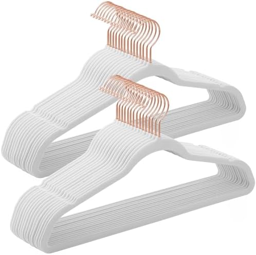 SONGMICS Velvet Hangers 30 Pack, Non-Slip Hangers with Rose Gold-Colored Swivel Hooks, Slim Space-Saving Hanger, Velvet Hanger for Closet, Heavy-Duty, White UCRF026W30 by SONGMICSbySONGMICSHOME