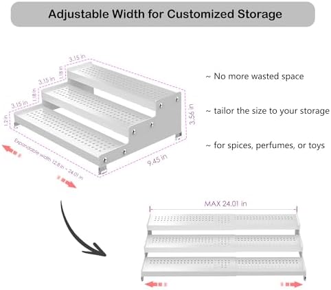 Expandable 3-Tier Metal Spice Rack, Heavy Duty Kitchen Step Shelf Organizer for Cabinet, Pantry & Countertop, Non-Slip Storage for Spices, Perfumes & Collectible Figures(WHITE,1PACK) - Image 2