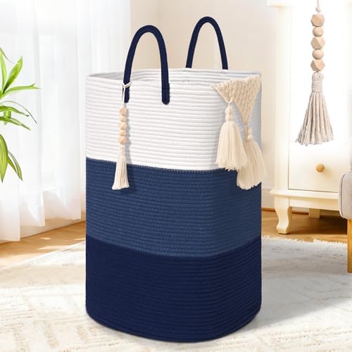 Woven Laundry Basket for Clothes,100 L Large Rectangle Laundry Hampers with Beads Tassel, Nursery Storage Basket for Toys, Tall Dirty Clothes Hamper for Bedroom Aesthetic, Laundry Room Organization by WENMER