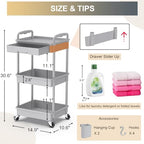 Goovilla 3 Tier Rolling Utility Cart Organizer with Removable Drawer, Grey - Image 4