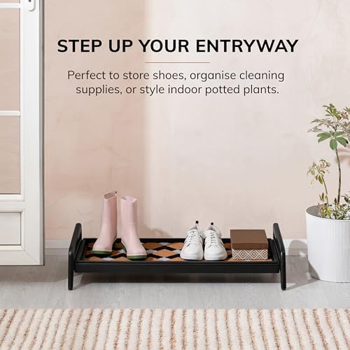 Anji Mountain Heavy Duty Waterproof Wooden Shoe Storage Mat Organizer/Boot Storage Tray Multi Use for Entryway with Coir, Tan and Ivory Insert, 1 Tier, Fits 3 Pair (36.5" Wide) - Image 2