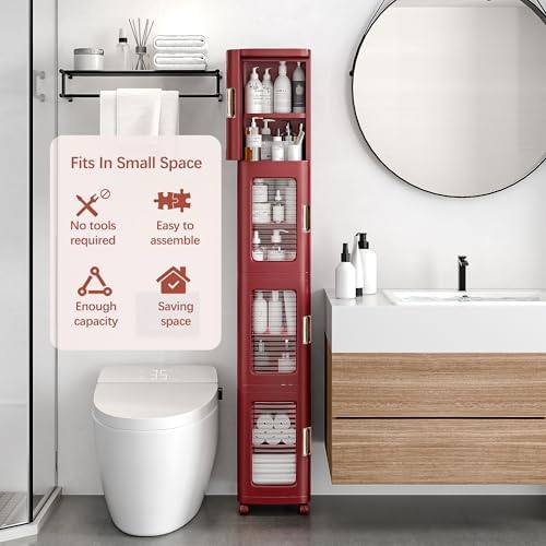 VECELO 4-Tier Narrow Storage Cabinet with Wheels, Red - Image 3