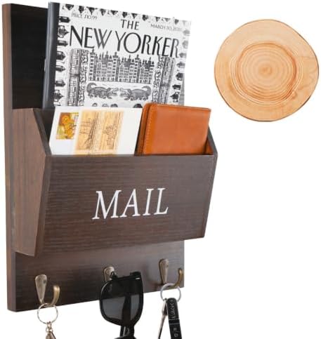 DLQuarts Solid Wood Mail Organizer with Key Holder for Wall, Mail Sorter Wall Mounted, Decorative Wooden Key and Mail Holder with 3 Hooks, Dark Walnut by DLQuarts
