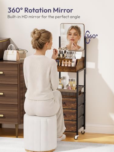 SWTYMIKI Makeup Organizer Cart with Mirror - Makeup Storage Vanity Dresser with Non-Woven Drawers, 360° Rotating HD Mirror, Rolling Organizer Cart for Skin Care Perfume Nail Polish Hair Tool Espresso - Image 2