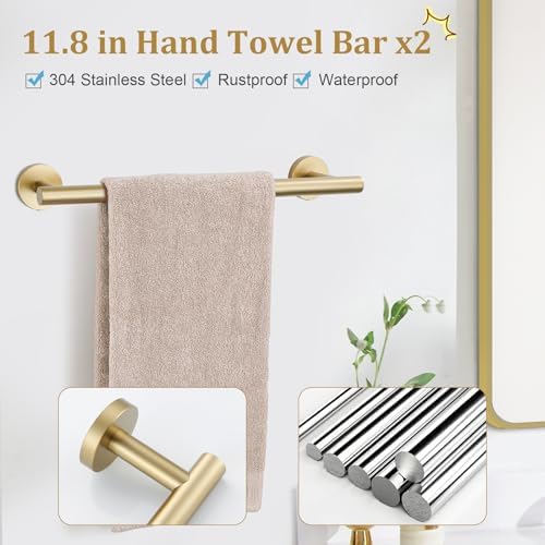TURS Brushed Gold 10 Pieces Bathroom Hardware Set, SUS304 Stainless Steel 24 Inch Bath Towel Bar Set, Round Bathroom Accessories Kit Wall Mounted - Image 3