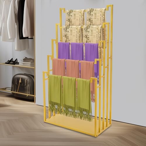 Scarf Organizer Stand, 5-Tier Freestanding Scarf Display Rack, Metal Scarf Holder Belt Pants Hanger for Commercial Clothing Retail Store Home, Space Saving Shelves, 31.5" x 15.75" x 59"(Gold) - Image 7