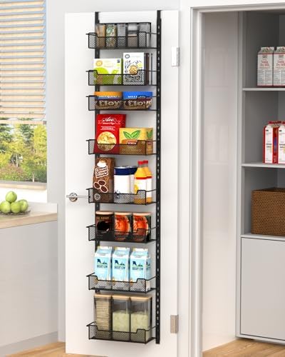 VyGrow 12.3" W Narrow Over the Door Pantry Organizer, 8-Tier Over the Door Organizer with Adjustable Basket, Pantry Door Organization for Pantry Kitchen Storage Room Spice Rack, Black by VyGrow