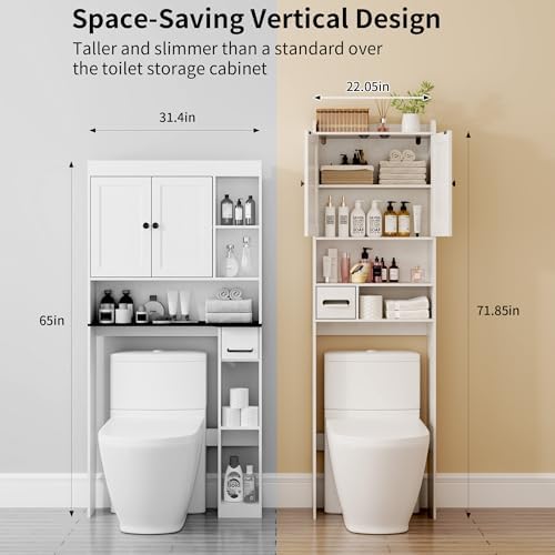 Over the Toilet Storage Cabinet, Tall Slim Bathroom Organizer with Doors, Adjustable Shelves & Built-in Toilet Paper Holder, Space-Saving Above Toilet Cabinet for Small Bathrooms(White) - Image 6
