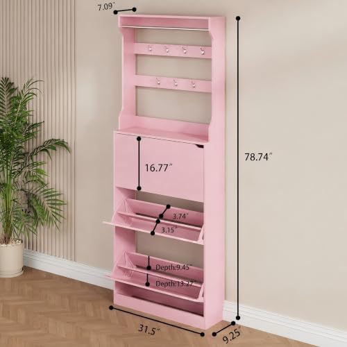 Pink Hidden Shoe Cabinet with 3 Flip Drawers & Coat Rack, Entryway - Image 2