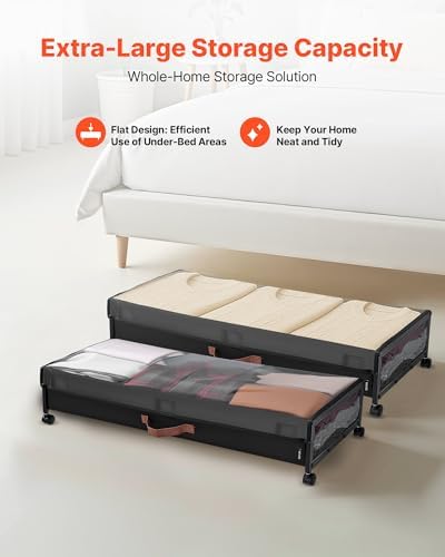 VEVOR Under Bed Storage with Wheels, 36.0 x 18.1 x 7.3 inch, Underbed Containers with Clear Lid, Underbed Shoe Organizer, Rolling Under the Bed Storage Bins for Clothes Shoes Blankets Bedroom, 2 Pack - Image 2