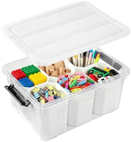 EOENVIVS Clear Storage Bins with 6 Tall Inserts, Stackable craft organizers and storage Box, Plastic Storage Totes with Lids and Handles for Crafts, Jewelry & Sewing, Art Supplies, Markers, Pens by EasyCozyHomey