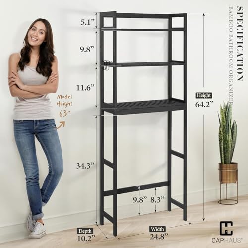 CAPHAUS Over The Toilet Storage Shelf,3-Tier Over-The-Toilet Shelf Rack with Adjustable Feet & Hooks, Freestanding Bamboo Toilet Shelf, Bathroom & Laundry Organizer, Balcony Plant Stand, Black - Image 2