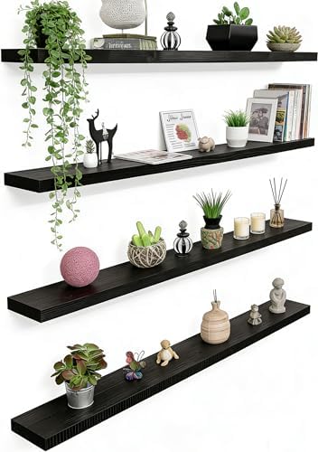 36 Inch Rustic Wood Floating Shelves Farmhouse Wooden Wall Shelves for Bathroom Bedroom Living Room Kitchen Office Set of 4 Black by HXSWY