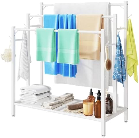 HavenlyYouth 3 Tier Free Standing Towel Rack, Pool Towel Rack with Metal Shelf for Outside, Blanket Drying Holder for Display and Storage in Bathroom, 35.8" H x 31.5" L x 11.8" W, White by HAVENLYYOUTH