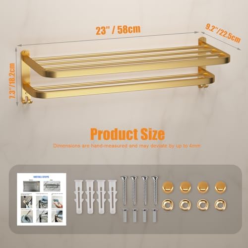 23 Inch Gold Bathroom Towel Rack Towel Shelf with Double Towel Bars Lavatory Wall Mount Holder with Hooks Golden Stainless Steel Hotel Bath Rack - Image 2