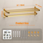 23 Inch Gold Bathroom Towel Rack Towel Shelf with Double Towel Bars Lavatory Wall Mount Holder with Hooks Golden Stainless Steel Hotel Bath Rack - Image 2