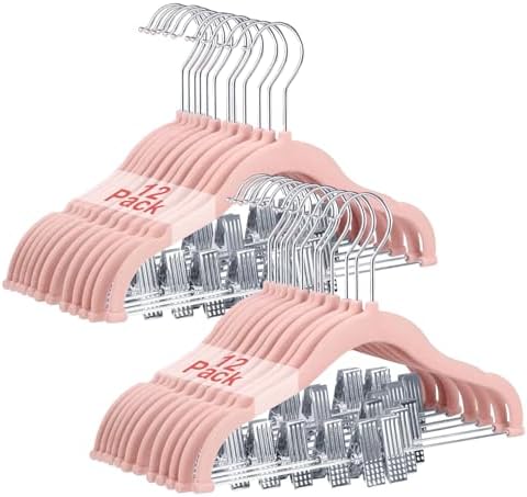 Baby Velvet Hangers with Clips Non-Slip for Clothes Pink 24 Pack by Wellong