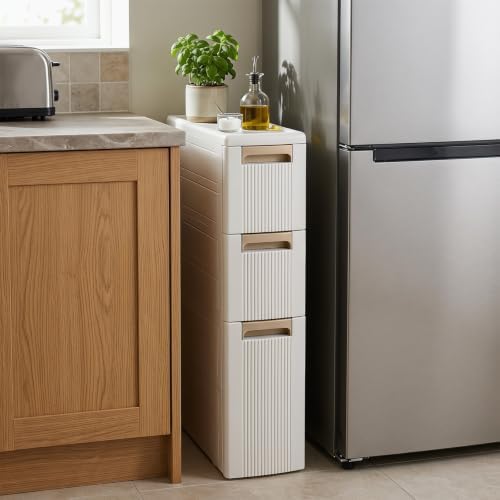 Giantex 3-Tier Narrow Storage Cabinet, Slim Rolling Cart with 3 Drawers & 2 Removable Dividers, Plastic Storage Organizer with Wheels for Small Spaces Bathroom Kitchen - Image 4