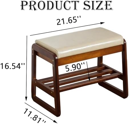 latifolia Solid Wood Bench, Entryway Shoe Bench with Cushion, 2 Tier Shoe Storage Organizer for Hallway, Living Room(Grey,21.65''L) - Image 2