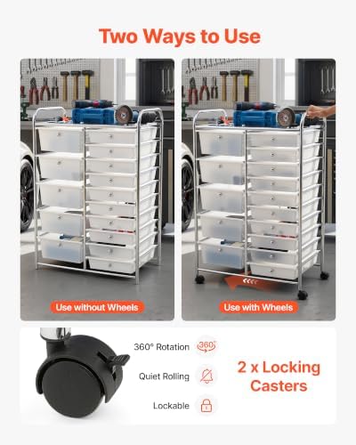 VEVOR Rolling Cart with Drawers, Double Row 15 Drawer Storage Organizer, Mobile Utility Cart with Chrome Steel Frame, Universal Casters & 2 Brakes, for Office, Classroom, Craft Room, Studio, Garage - Image 3