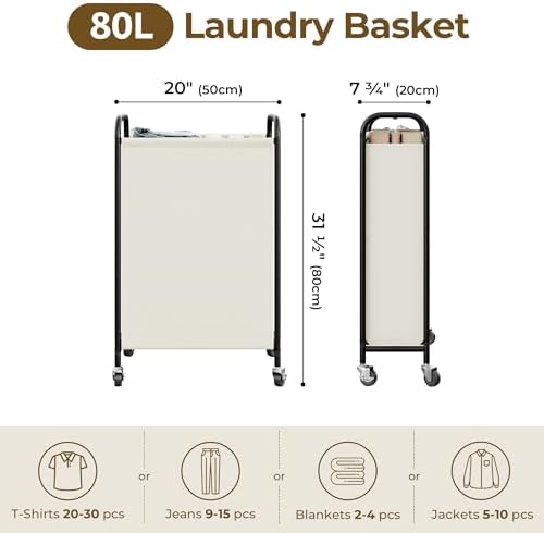 GRANNY SAYS Laundry Hamper, Slim Basket with Wheels and Handles, Beige, 80L - Image 2