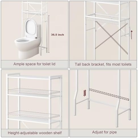 Over-The-Toilet Storage Shelf, 4-Tier Bathroom Organizers and Storage with Wooden Shelf, Freestanding Bathroom Storage Shelves Above Toilet for Laundry & Space Saver, White - Image 3
