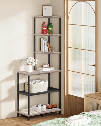 CHOEZON 6-Tier Corner Shelf, Industrial Corner Bookshelf with Desk Top, Diamond-Shaped Storage Shelves, Display Stand for Small Spaces, Living Room, Home Office, Foyer, Greige and Black TCJ70BG - Image 6
