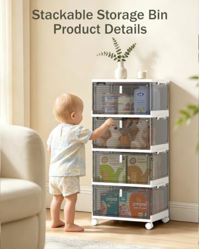 23QT Stackable Storage Bins with Lids and Wheels, 4 Tier 92QT Foldable Plastic Storage Drawers with Magnetic Doors, 4 Pack Collapsible Closet Organizer for Bedroom Office, Clear Gray - Image 2