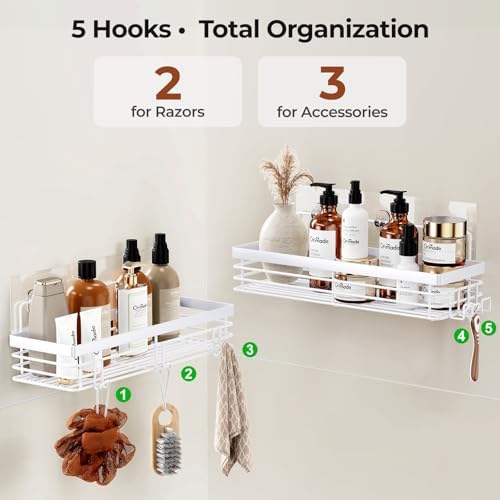 Orimade Shower Caddy with 5 Hooks for Hanging Razor and Sponge Adhesive Shower Shelf Basket Bathroom Storage Organizer Kitchen Rack No Drilling Stainless Steel Rustproof - 2 Pack,White - Image 7