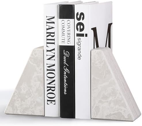 Marble Bookends for Heavy Books, Decorative Book Ends for Shelves, Durable and Heavy-Duty Bookends for Hardback Book & CDS, Off-White Unique Books Stopper & Holder, Set of 2 by Karibiber