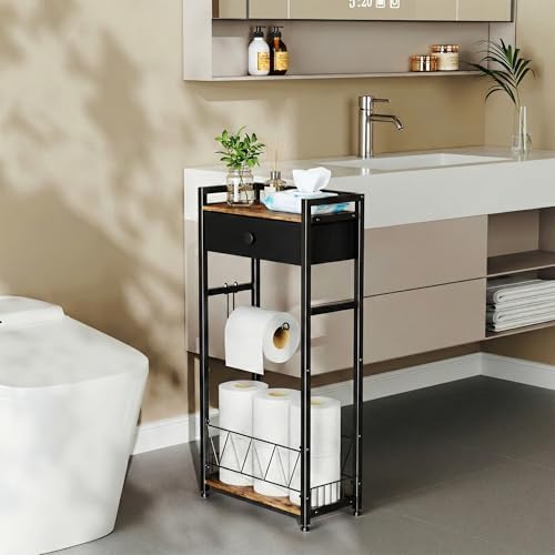 Freestanding Toilet Paper Holder Stand with Storage Drawer, Narrow Bathroom Shelf, Spare Roll Basket, 4-Way Install Paper Arm, Space-Saving Rack for Apartments & RVs (Brown) - Image 4