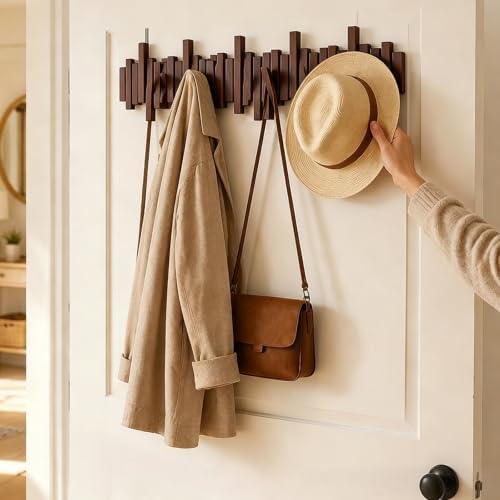CAQ Wooden Coat Rack Wall Mounted Black 3 Hooks, Modern Piano Design Magnetic Wall Hook, Space-Saving Key Holder Hanger for Entryway Bedroom, Walnut 8 Hooks - Image 4