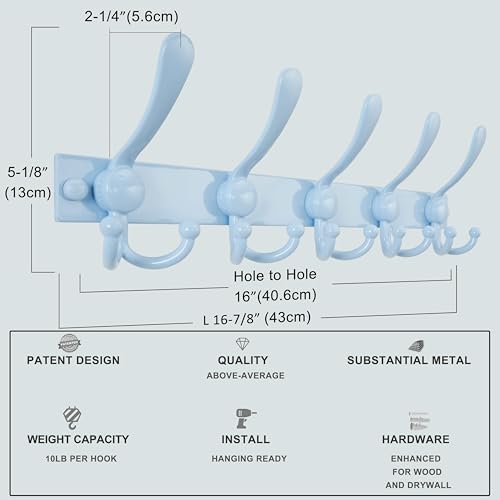 Dseap Coat Rack Wall Mount, Heavy Duty 12-Gauge Base vs Flimsy 1mm, Double-Thick Solid Anti-Snap Hooks, 16” Stud-Mount, Stainless Steel Hanger for Clothes Hat Entryway Closet, Blue, Pack of 2 - Image 5
