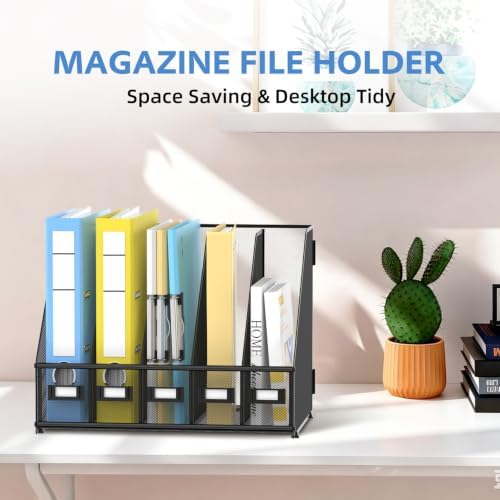 5 Vertical Compartments Magazine File Holder, Metal Binder Organizer, Black - Image 4