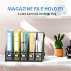 5 Vertical Compartments Magazine File Holder, Metal Binder Organizer, Black - Image 4