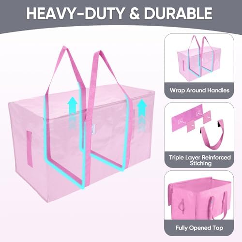 TICONN 6 Pack Extra Large Moving Bags Heavy Duty with Zippers & Carrying Handles, Durable Storage Bags Moving Boxes for Closet Organizers and Storage (6 Pack, Pink) - Image 3