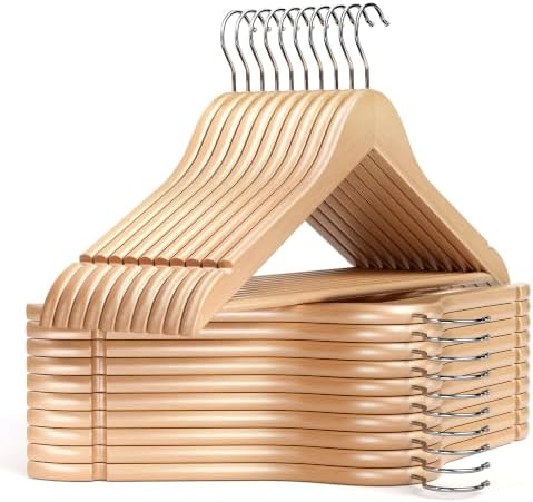 MIZGI 30-Pack Natural Wood Hangers, 0.47” Slim, 360° Swivel, Pant Bar by MIZGI
