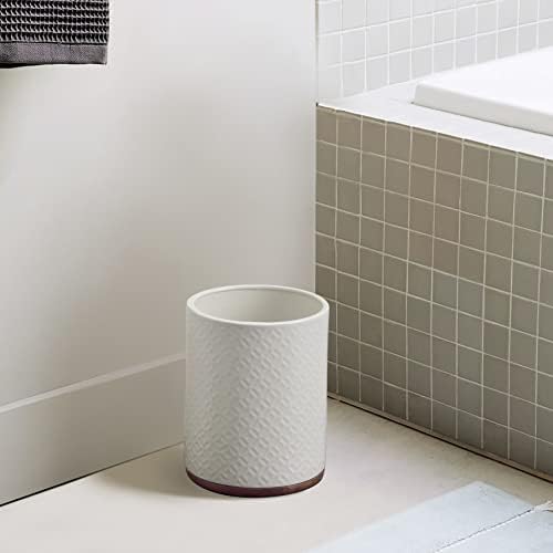 Bathroom Wastebasket - Ceramic Decorative Trash Can with Wooden Base (White and Beige)… - Image 3