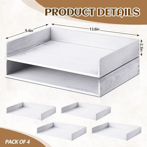 Yeaqee 4 Pcs Stackable Organizer Tray Wood Desk Organizer, Vintage White - Image 2