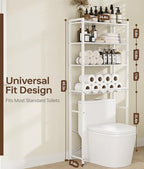 4-Tier Over-the-Toilet Storage Rack with One-Piece Wooden Shelves & Open Net Basket, Bathroom Organizer with Adjustable Feet & Anti-Tip Kit, Space-Saving Toilet Shelf, White, 24.4" x 9.4" x 69.3" - Image 2