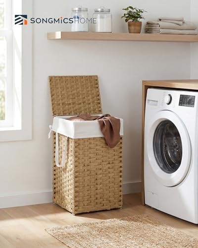 SONGMICS HOME Laundry Hamper with Lid, Clothes Basket with Removable Liner and Handles, 17.2 Gallon, Foldable Narrow Laundry Organizer for Bathroom, Bedroom, Light Brown - Image 2