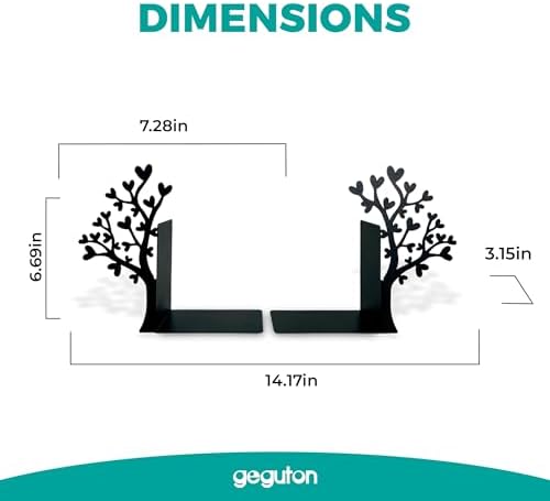 Tree Bookends with Heart-Shaped Leaves - Steel with Epoxy Coating and Wood Base - Decorative Pair of Book Holders for Shelves and Desk - Black – Geguton - Image 2