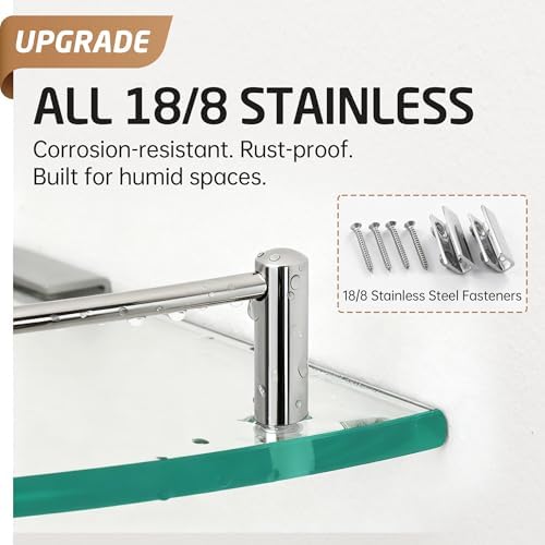 KES Glass Corner Shelf with Hooks 18/8 Stainless Steel, Tempered Glass Bathroom Corner Shelf with Rail, Shower Glass Shelf 2 Pack Wall Mounted, Polished Finish, BGS2101A-P2 - Image 4